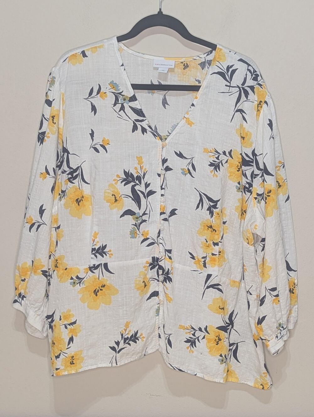 Liz Claiborne White & Yellow Semi-Sheer Floral Balloon 3/4 Sleeve Blouse Size 3X